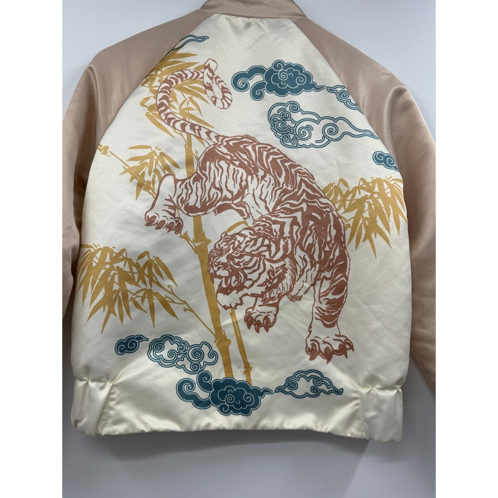 Zara Basic Women Cream Pink Tiger Bamboo Print Satin Bomber Jacket Small - Picture 7 of 10